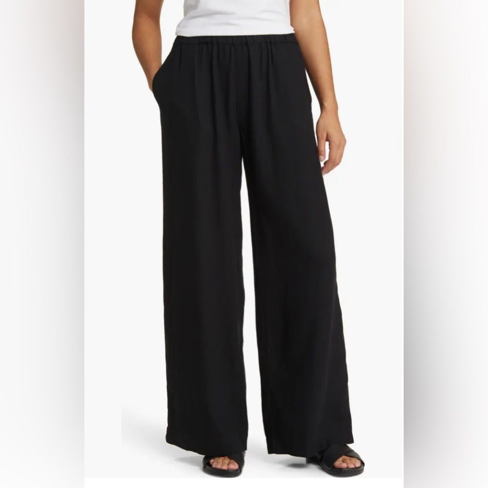 Nordstrom Caslon® Wide Leg Pull-On Linen Blend Pants in Black (L)